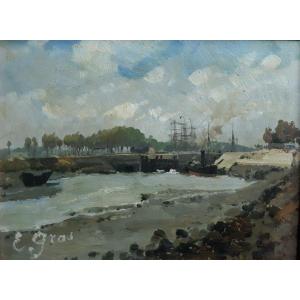 Oil On Panel Seascape Port E. Gras First Half 20th Century