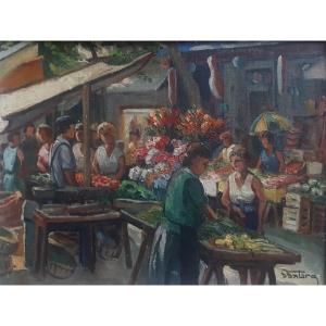 Pierre FABRE (Toulon) scène de marché huile sur panneau