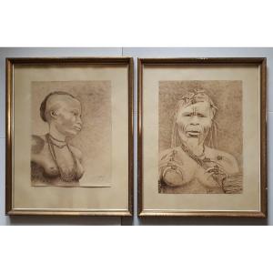 Pair Of Portraits Ink Drawings J. Leroy Late 19th Early 20th Africanism