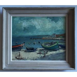 Painting Oil On Panel Marine Boats At Low Tide