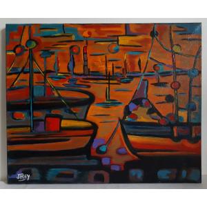 Jacqueline Rey (born In 1963, Sète School - Horizon Marin - Oil On Canvas, Sea, Port, Boats