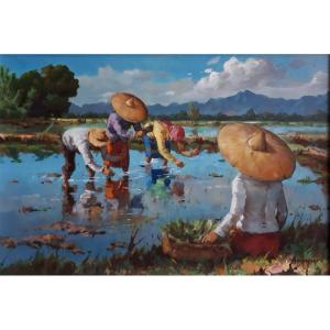 Tableau scène de plantation du riz rizière Philippines huile sur toile