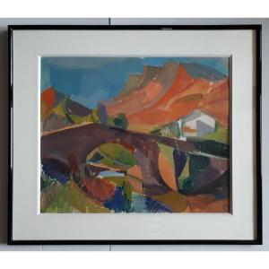 Oswald Perrelle (1897-1992) Oil On Paper Mountain Landscape Bridge River