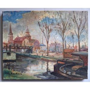 Tableau huile sur toile paysage urbain canal péniches