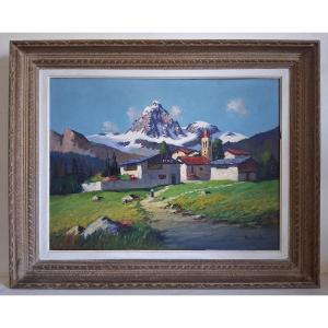 Oil On Panel Mountain Landscape Alps Signed Marcinello