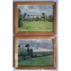 Paire de tableaux paysages de campagne huile sur panneau Bidelou 1925