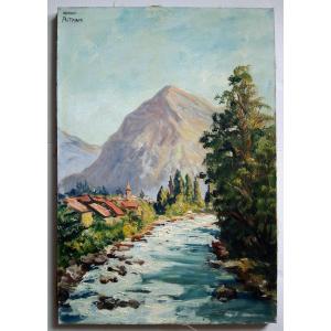 Oil On Canvas Mountain Landscape River Torrent Alexandre Altmann