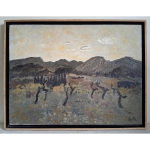 Anne-marie Leguillier (1932-2006) Oil On Cardboard Provençal Landscape Alpilles