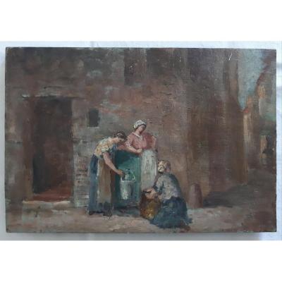 Tableau huile sur bois scène de rue femmes à la fontaine impressionnisme fin XIXème