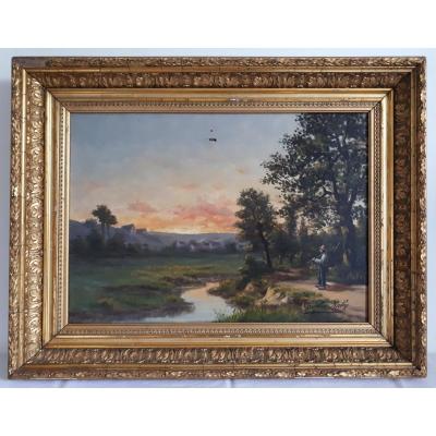 Charles RABY huile paysage au crépuscule 19ème cadre Barbizon bois stuc doré format 8P 