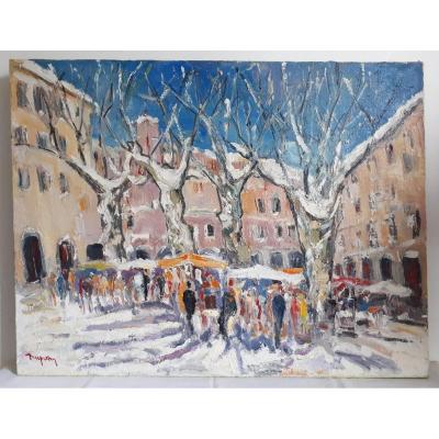 Alain DUPERAY (né en 1949) huile sur toile scène de marché à Uzès Gard