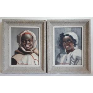 Pierre Jaillet (1893-1957) Pair Oils On Panel Portraits Children Orientalism Africanism