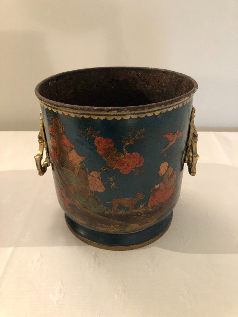 Pair Of Lacquered Metal Plant Pots With Blue Background, Regency Period-photo-3