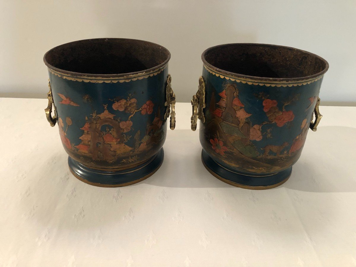 Pair Of Lacquered Metal Plant Pots With Blue Background, Regency Period-photo-4