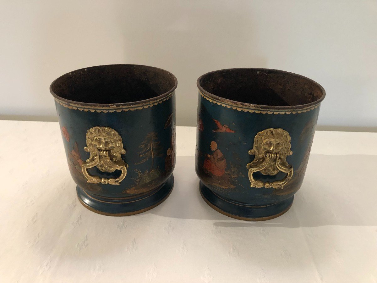 Pair Of Lacquered Metal Plant Pots With Blue Background, Regency Period-photo-1