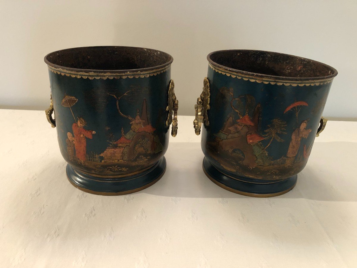 Pair Of Lacquered Metal Plant Pots With Blue Background, Regency Period-photo-2