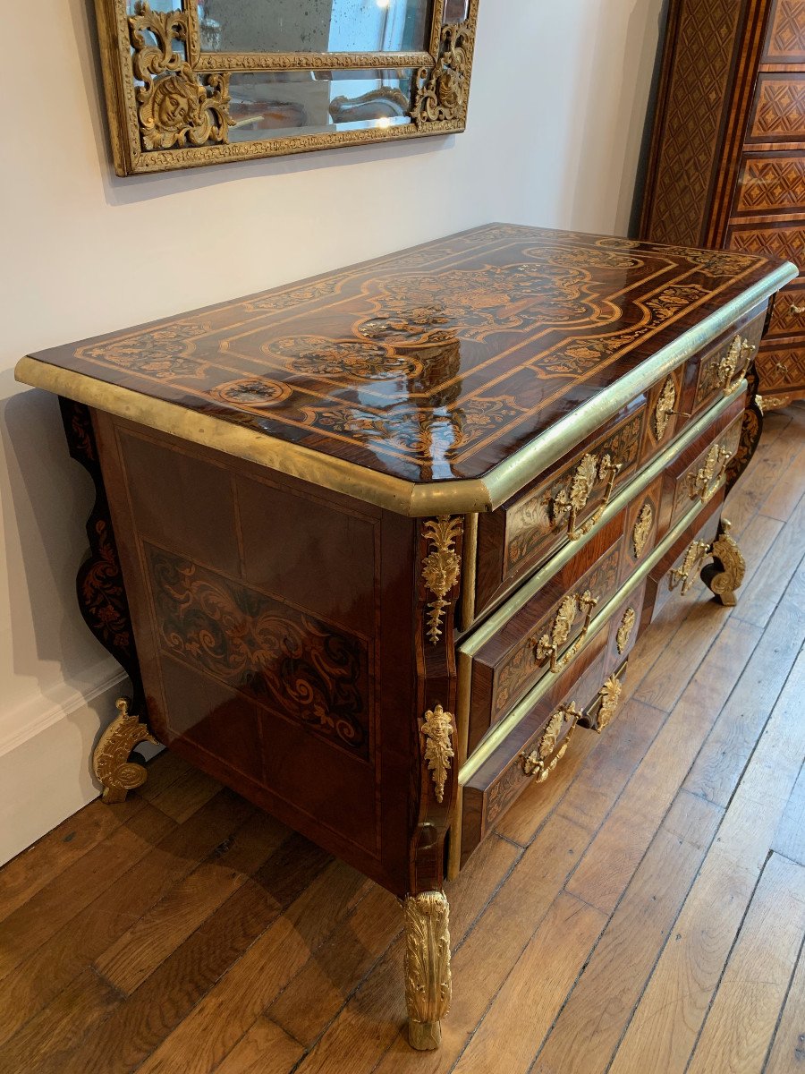 Commode Mazarine d'époque Louis XIV marqueterie au Jasmin-photo-4