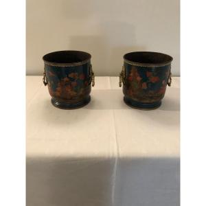 Pair Of Lacquered Metal Plant Pots With Blue Background, Regency Period