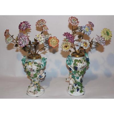 Pair Of Vases Pikes Flowers Meissen Porcelain