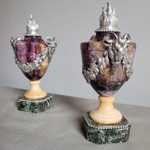 Pair Of Fire Pots In Blue John, Silver Mount. Late 18th Century.