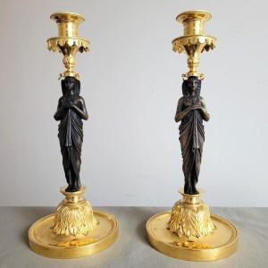 Pair Of Egyptian Candlesticks, Empire Period.