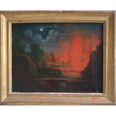 "Incendie Nocturne", Huile sur Toile du XVIIIème Siècle.