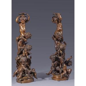 Importante Paire De Torchères Candélabres Carrier Belleuse en bronze