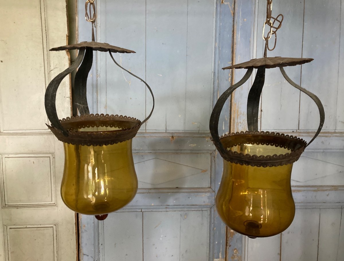 Pair Of Sheet Metal And Glass Lanterns-photo-4