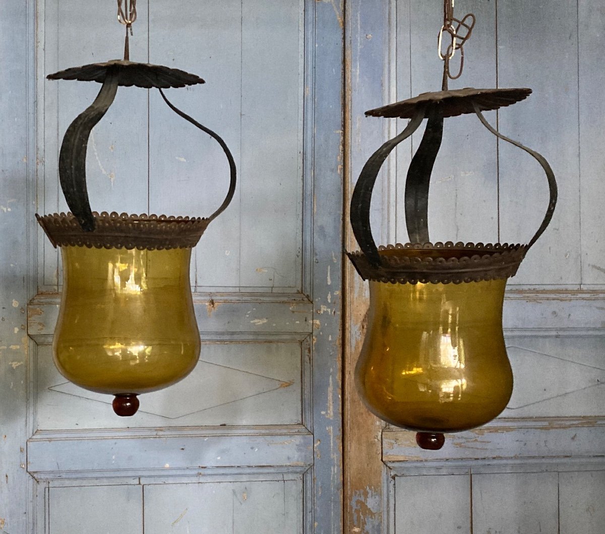 Pair Of Sheet Metal And Glass Lanterns