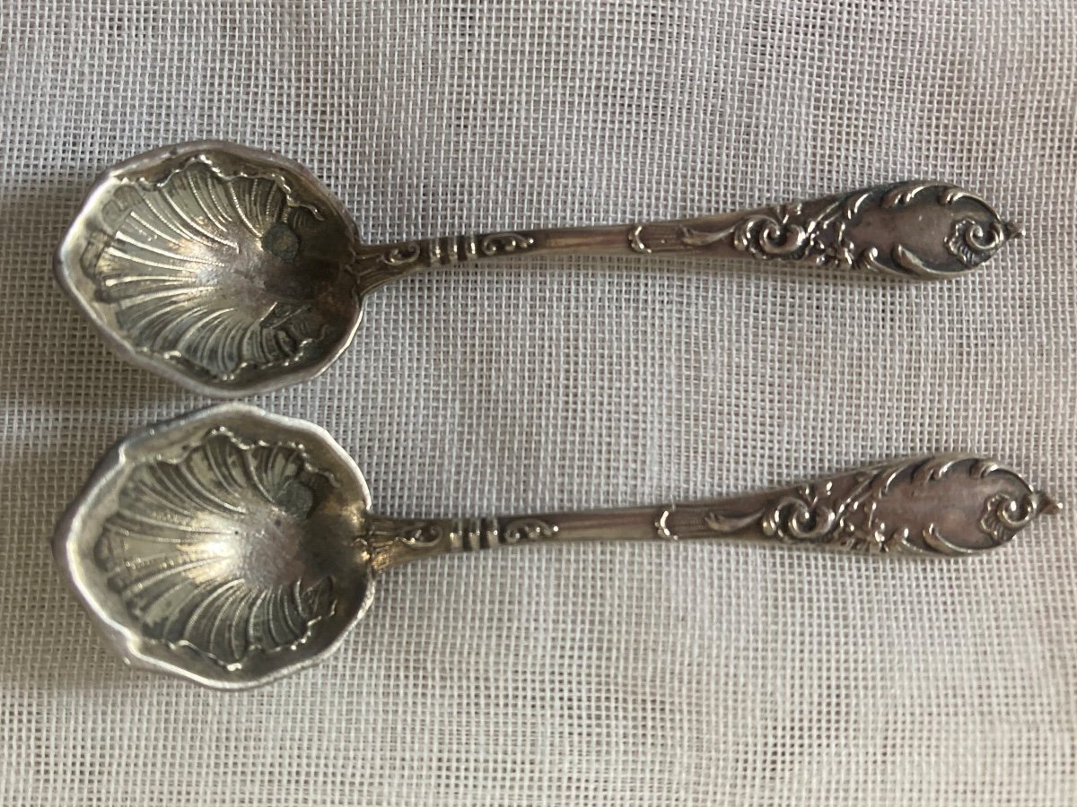 Pair Of 19th Century Silver Salt Cellars And Their Salt Shovel-photo-2