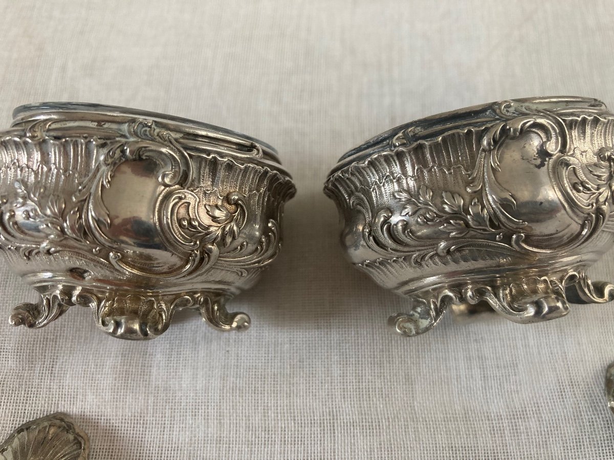 Pair Of 19th Century Silver Salt Cellars And Their Salt Shovel-photo-3