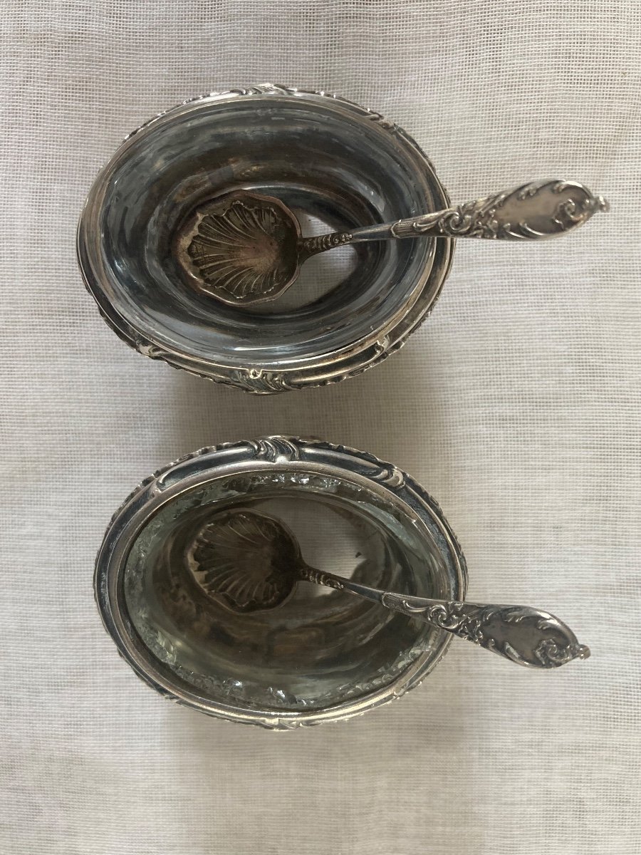 Pair Of 19th Century Silver Salt Cellars And Their Salt Shovel-photo-1