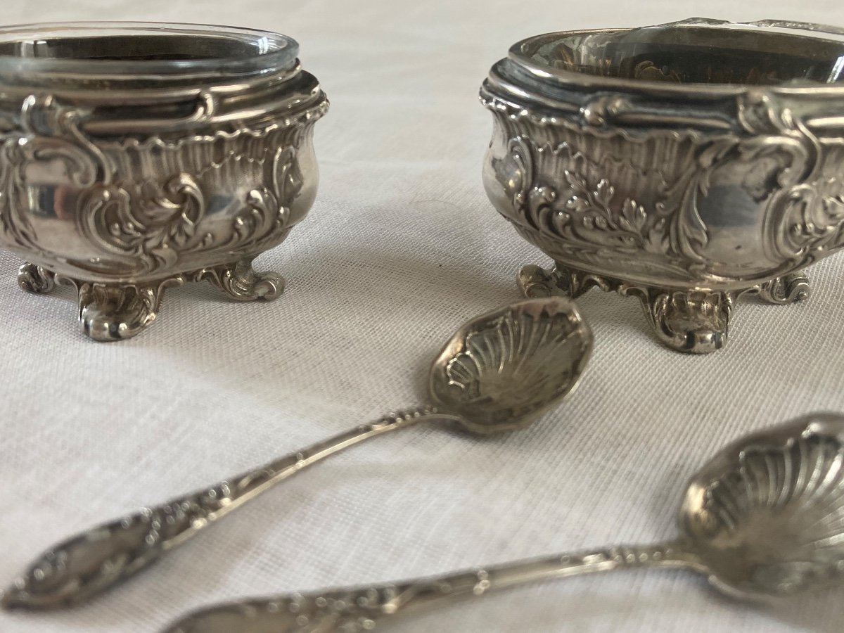 Pair Of 19th Century Silver Salt Cellars And Their Salt Shovel