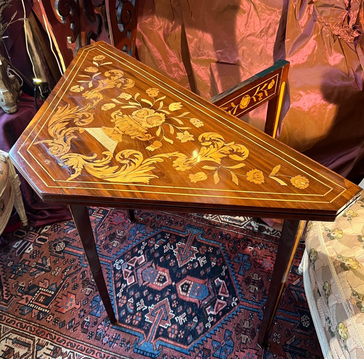 Console Game Table, Amaranth, Floral Marquetry, Late 18th Century-photo-1