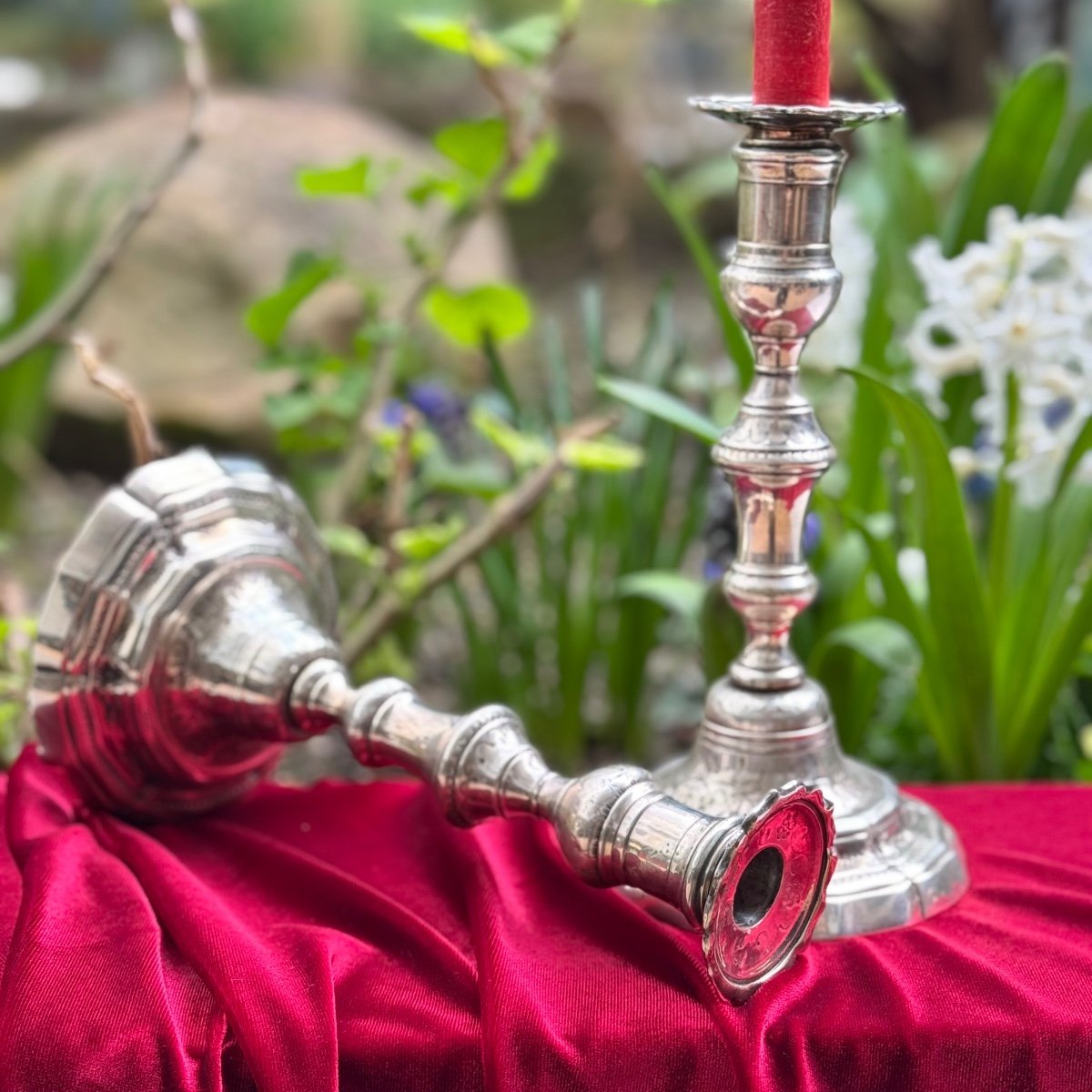 Rare Pair Of Silver Candlesticks, With Floral Carvings, 18th Century.-photo-1