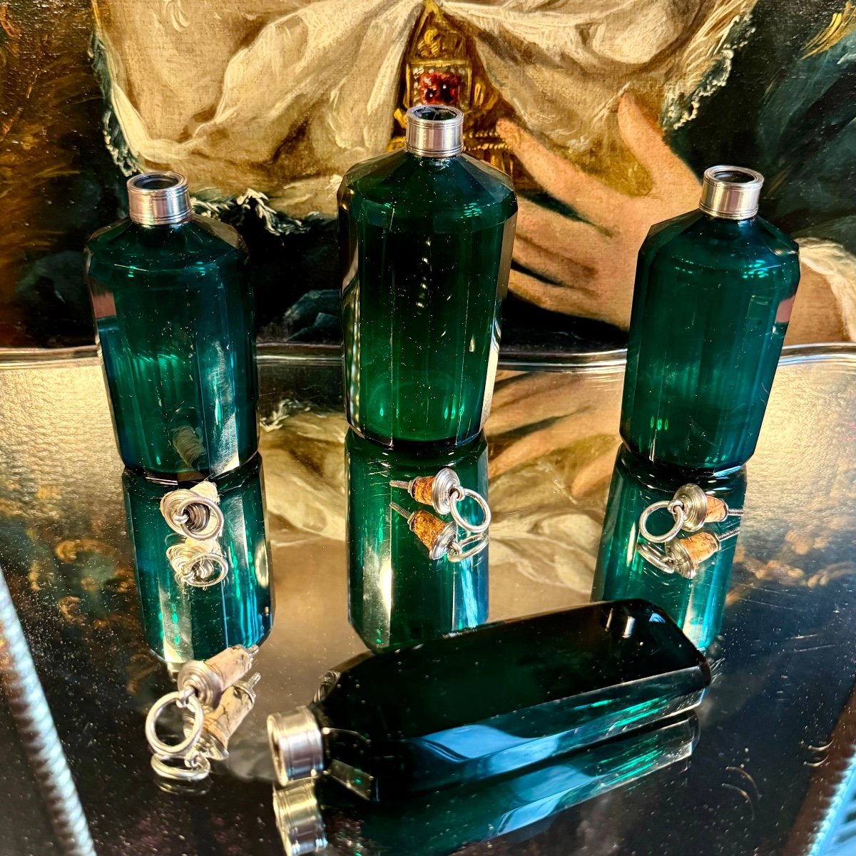 Rare suite de 4 flacons “bristol” XVIIIè pour parfums et  toilette, Cristal, Argent.-photo-2