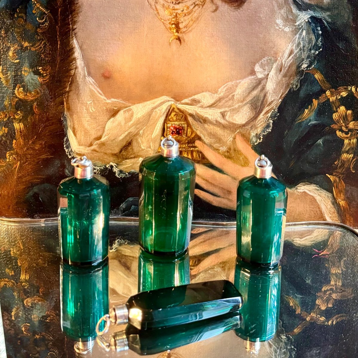 Rare Suite Of 4 18th Century “bristol” Bottles For Perfumes And Toiletries, Crystal, Silver.