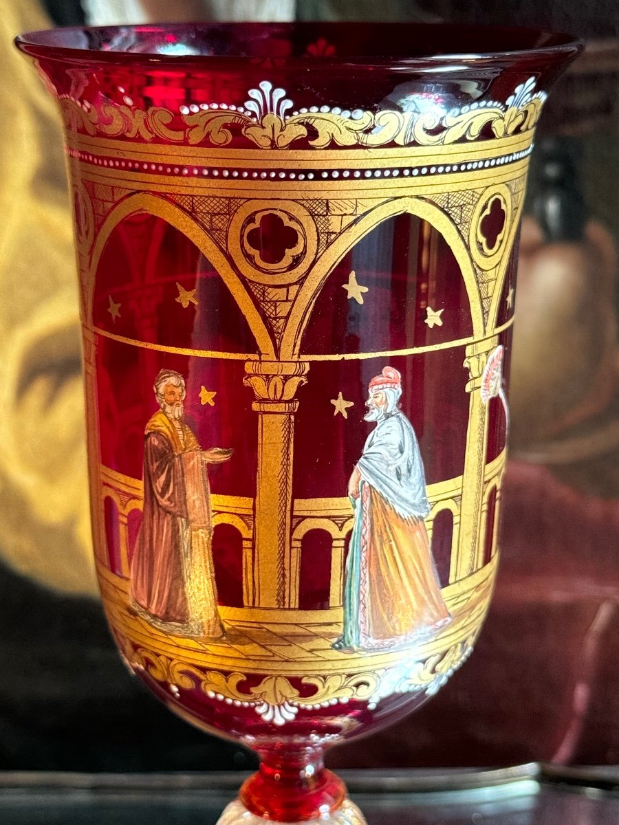 High Venetian Glass, Bright Ruby, With Venetian Nobles, Enamelled Decors, Early 20th Century.-photo-2