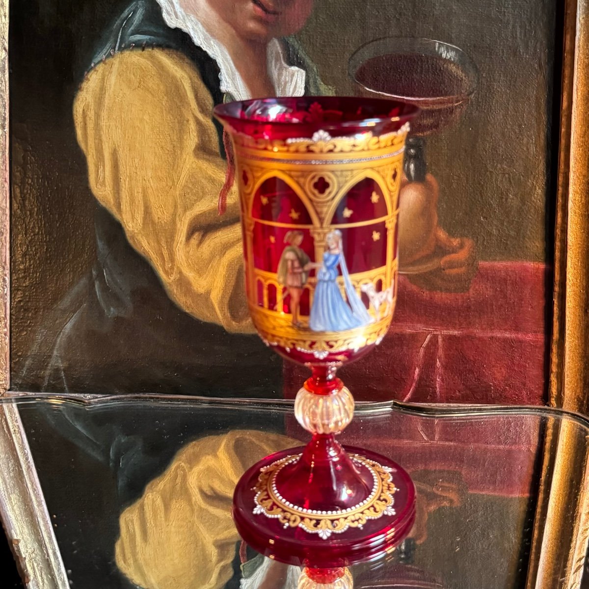 High Venetian Glass, Bright Ruby, With Venetian Nobles, Enamelled Decors, Early 20th Century.
