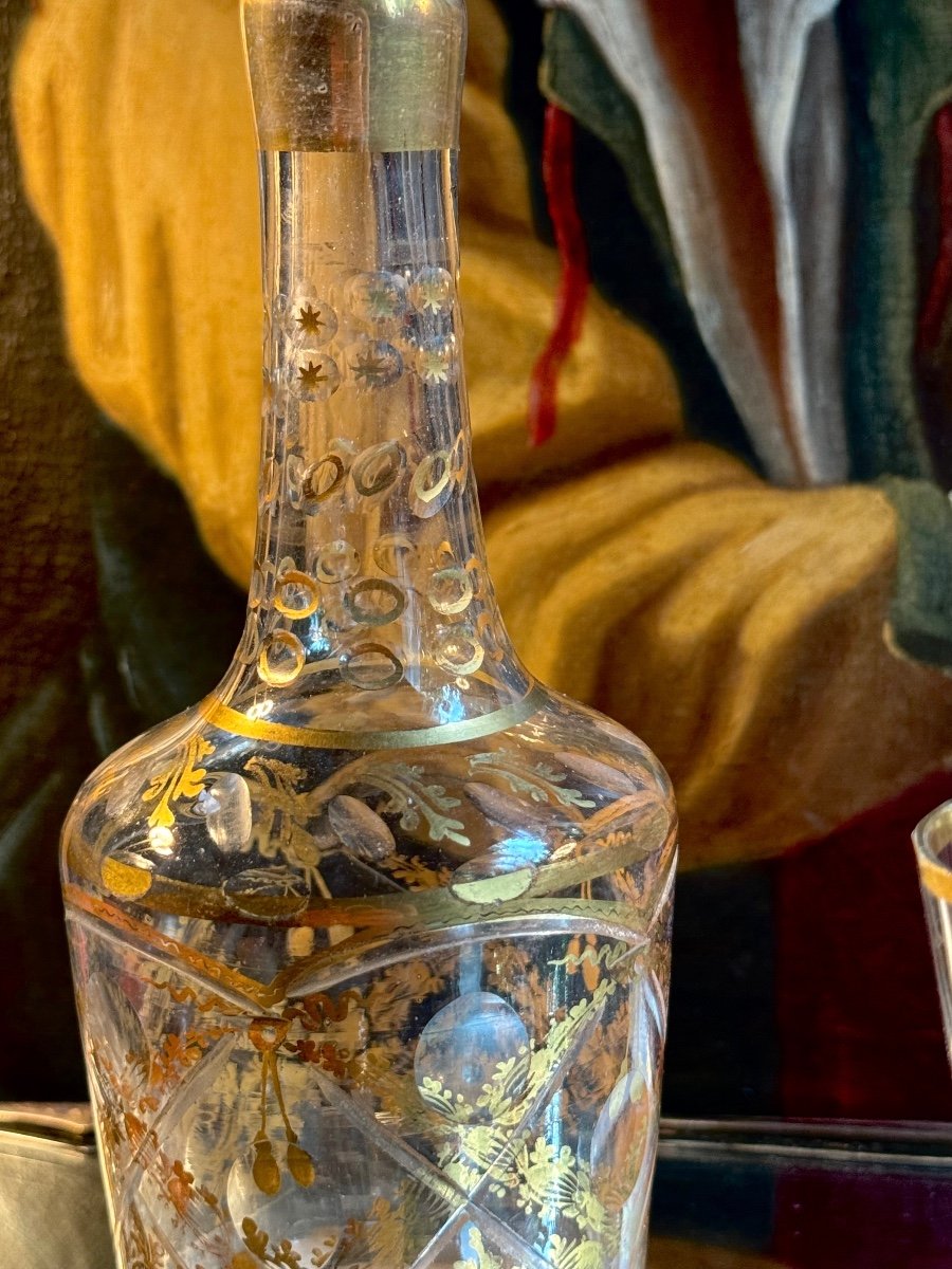 Carafe du XVIIIè, cristal taillé dorées deux verres, Louis XVI.-photo-6