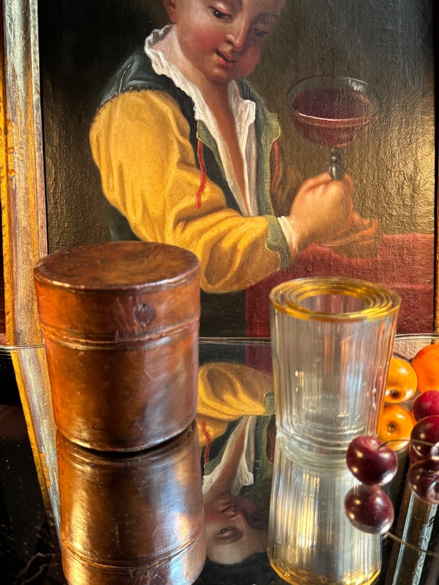 Rare coffret  cylindrique en cuir avec ses 5 verres, vers 1775, pour le voyage -photo-4