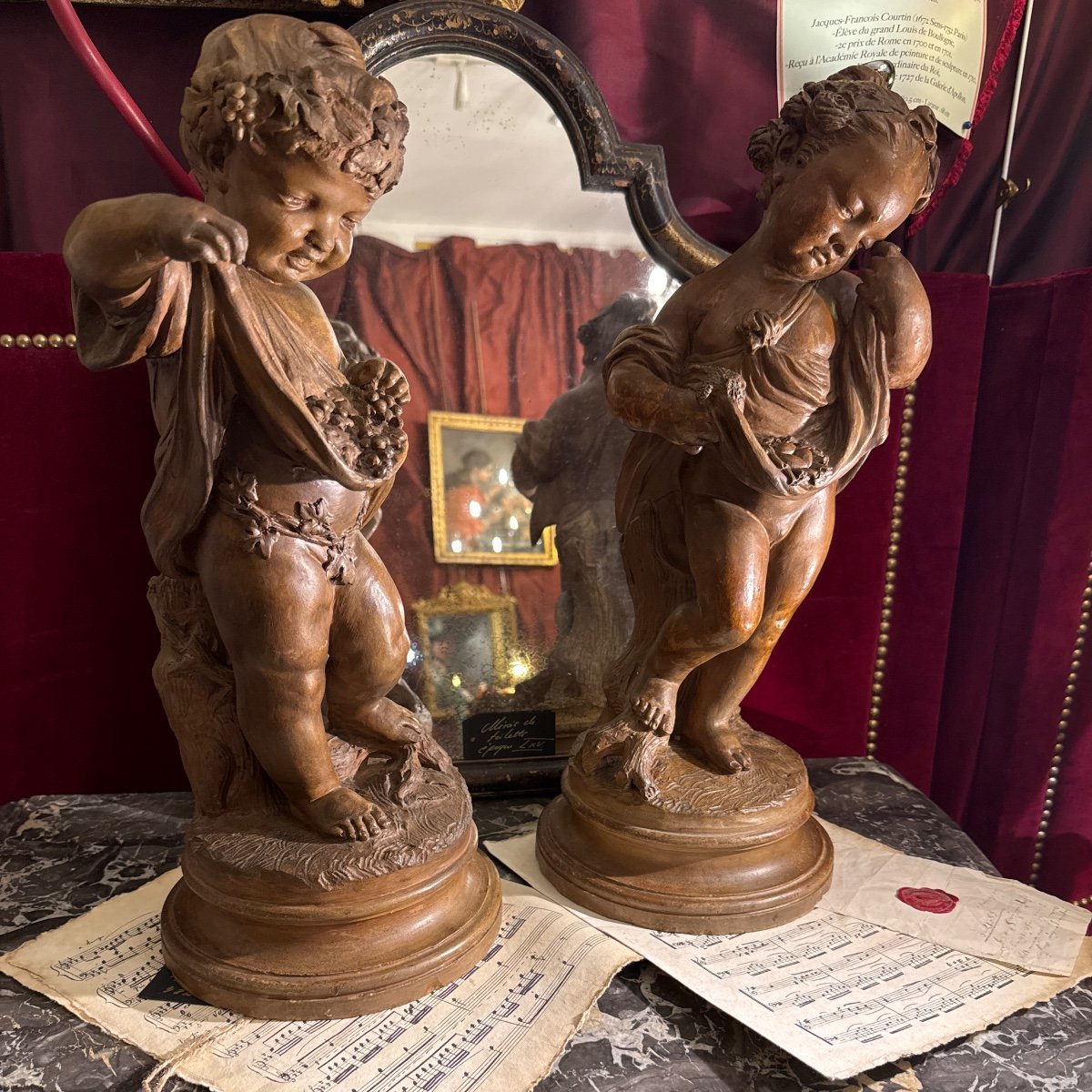 Big Pair Of Terracotta Children, Brown Patina, After Clodion. 19th Century.-photo-6