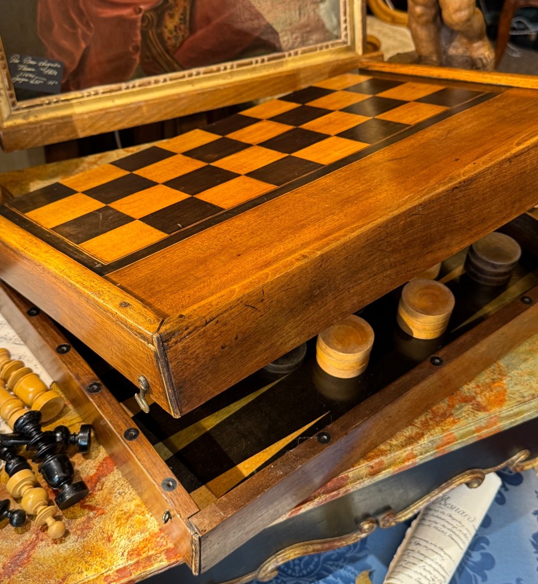 Large Box For Games, Chess, Tric-trac, Jacquet, Backgammon. Double Sided. 19th Century.-photo-4