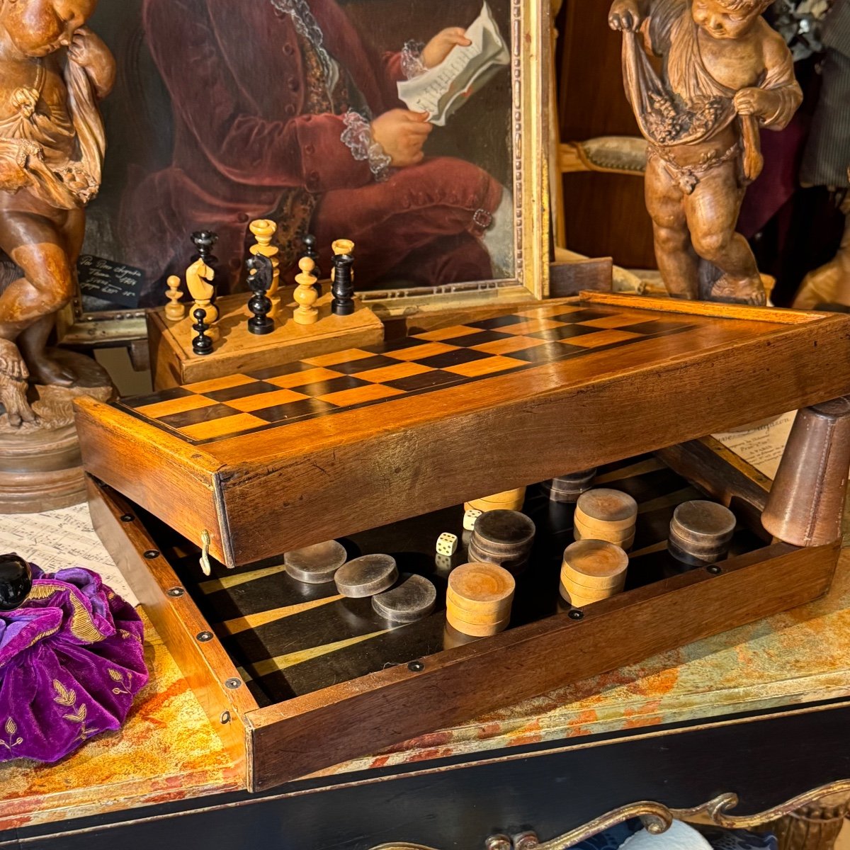 Large Box For Games, Chess, Tric-trac, Jacquet, Backgammon. Double Sided. 19th Century.