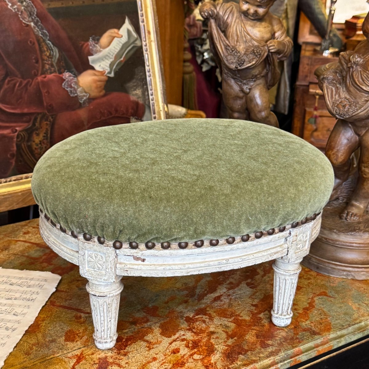 Footstool, Louis XVI, 1780s, Green Velvet And Lacquered. Very Good Condition.