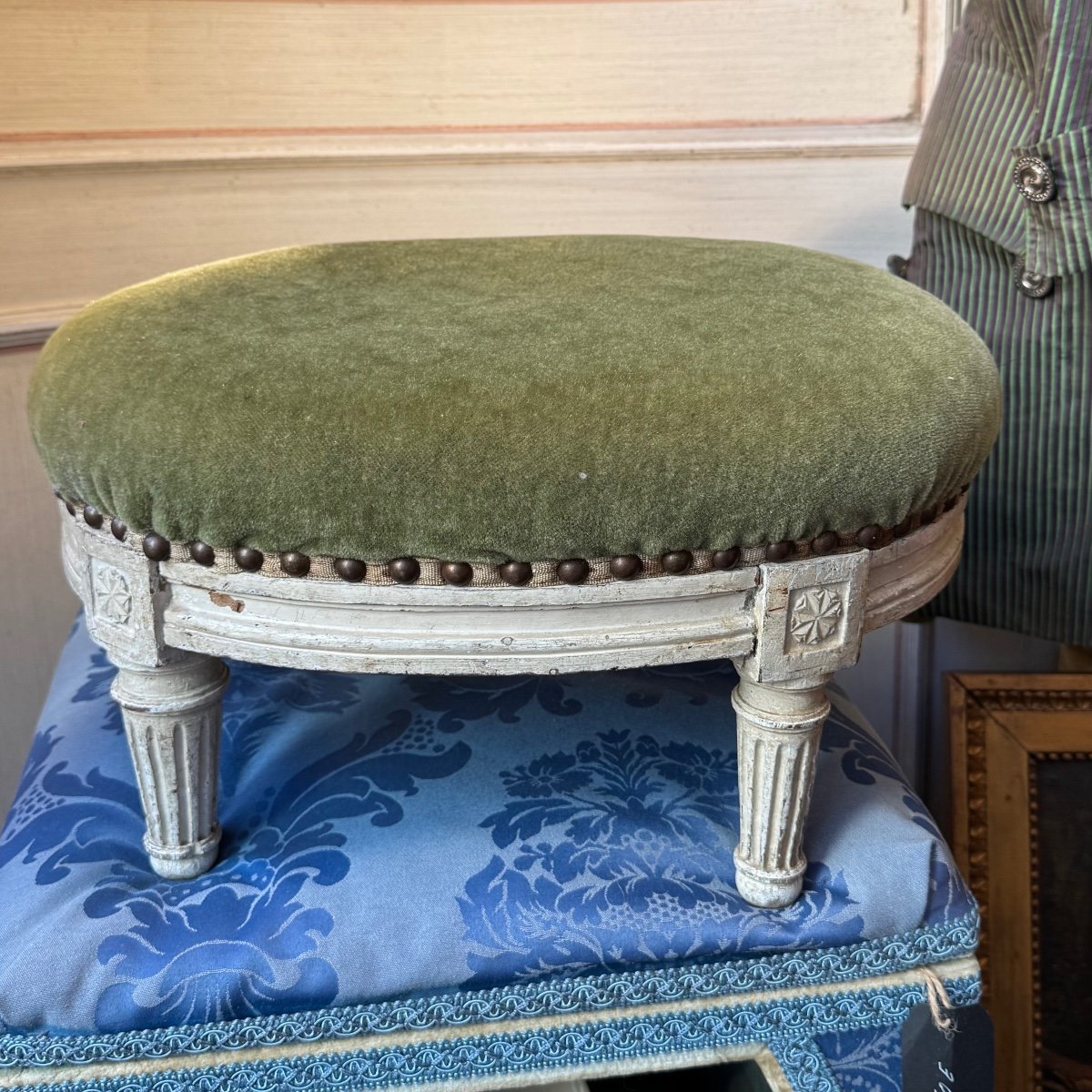 Footstool, Louis XVI, 1780s, Green Velvet And Lacquered. Very Good Condition.