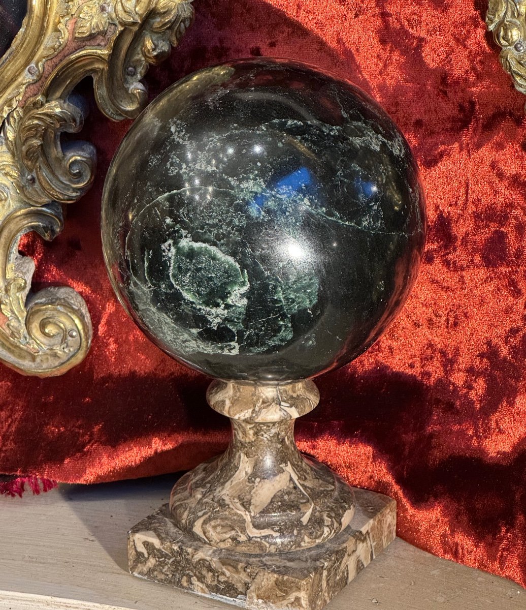 3 19th Century Marble Balls, Cabinet Of Curiosities, On Marble Supports. -photo-2