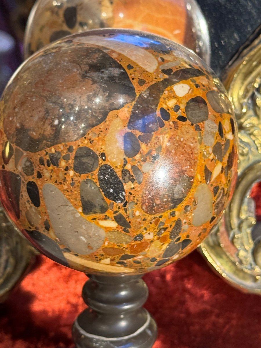 3 19th Century Marble Balls, Cabinet Of Curiosities, On Marble Supports. -photo-6