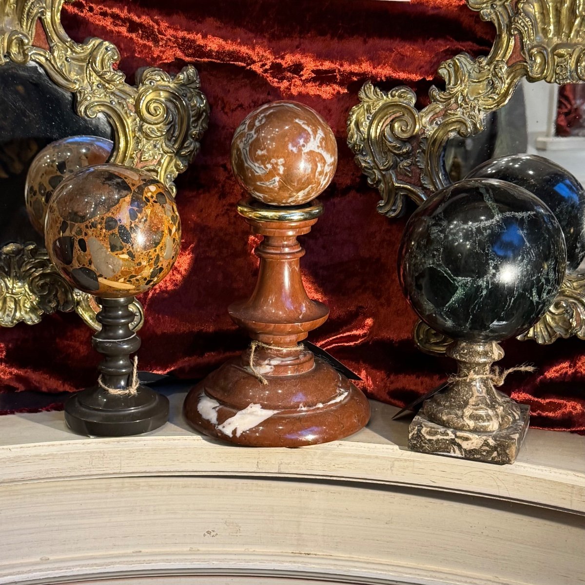 3 19th Century Marble Balls, Cabinet Of Curiosities, On Marble Supports. 