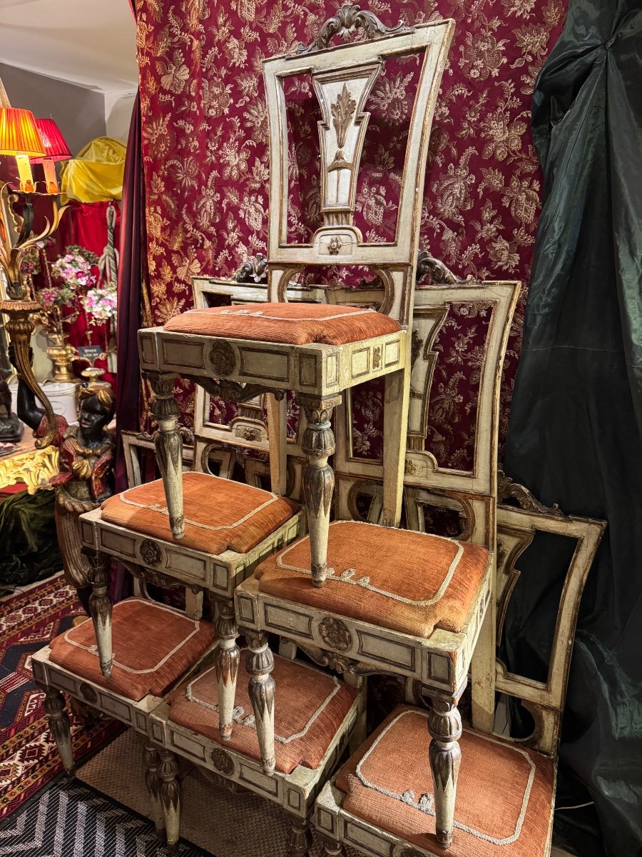 Set Of 6 Louis XVI Chairs, Frame Seats, Italy, Late 18th Century. -photo-7